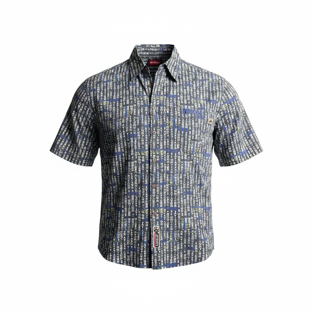 AVIREX Vintage Mens 2XL Short Sleeve Button Up Shirt Japanese Script Print Blue